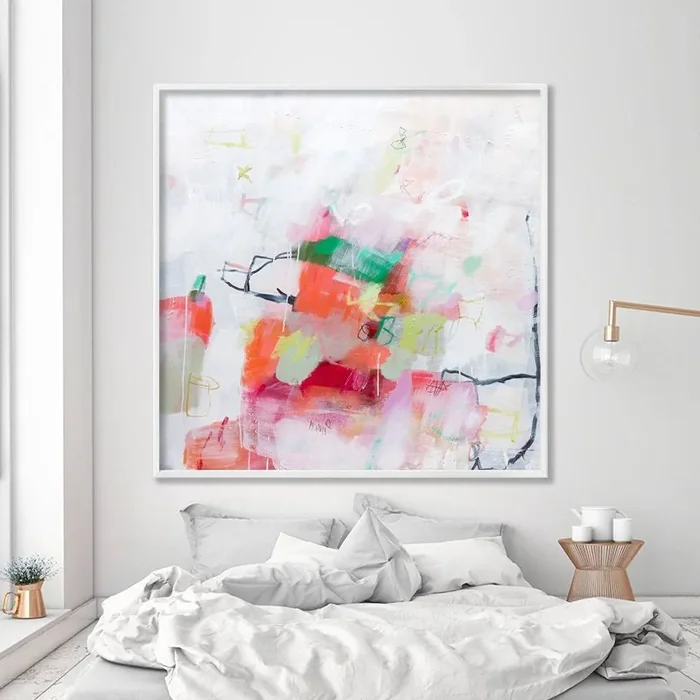 Colorful Abstract Square Canvas Above White Bed