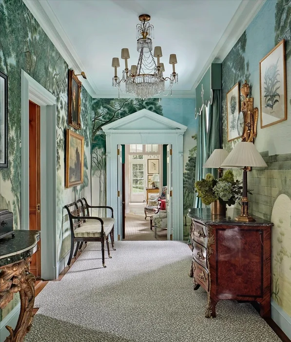 Grand Formal Hallway with Forest Mural Wallpaper and Crystal Chandelier