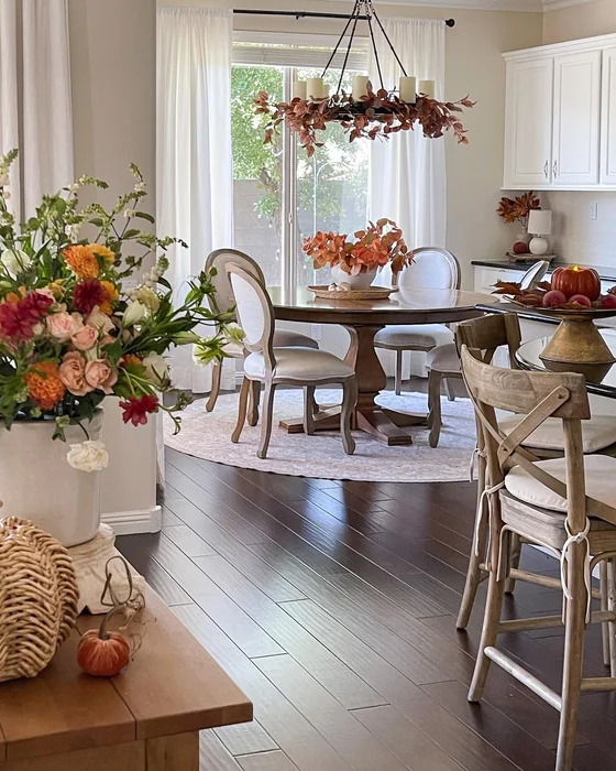 Fall Dining Room with Floral Chandelier Garland & Fresh Blooms