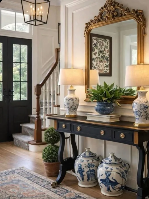 Classic Foyer with Dark Console, Ornate Gold Mirror, and Chinoiserie Accents