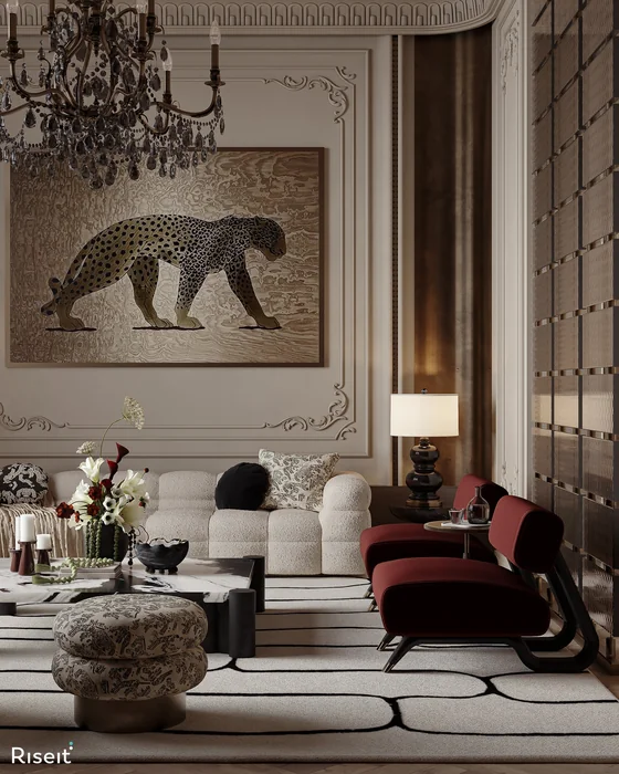Oversized Leopard Wall Art in Grand Parisian Living Room