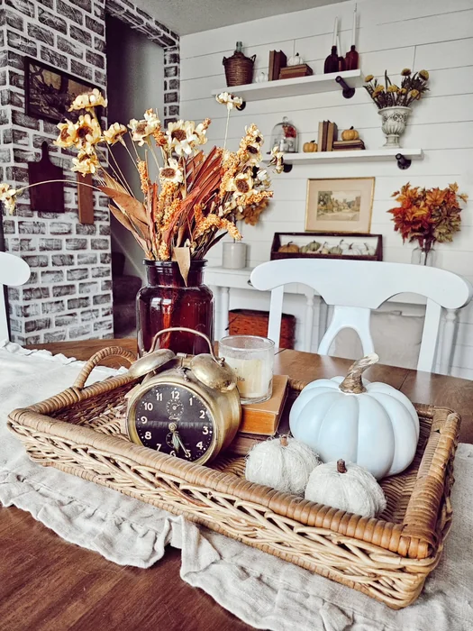 Farmhouse Fall Table Tray with Vintage Clock & White Pumpkins