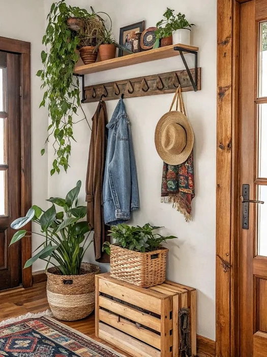 Boho Entryway with Plants, Wood Crate Bench, and Coat Hooks
