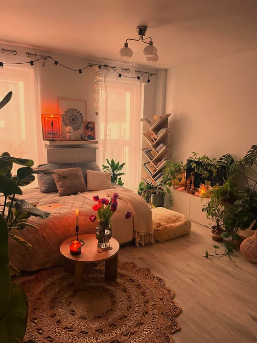 Cozy Boho Apartment Bedroom with Candles and Books
