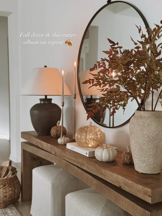 Neutral Fall Console Table Vignette with Glass Pumpkin