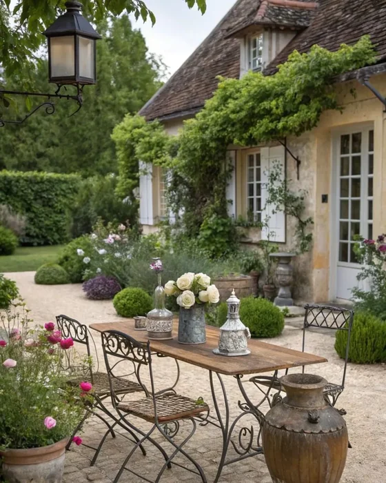 French Country Garden Dining with Wrought-Iron Furniture