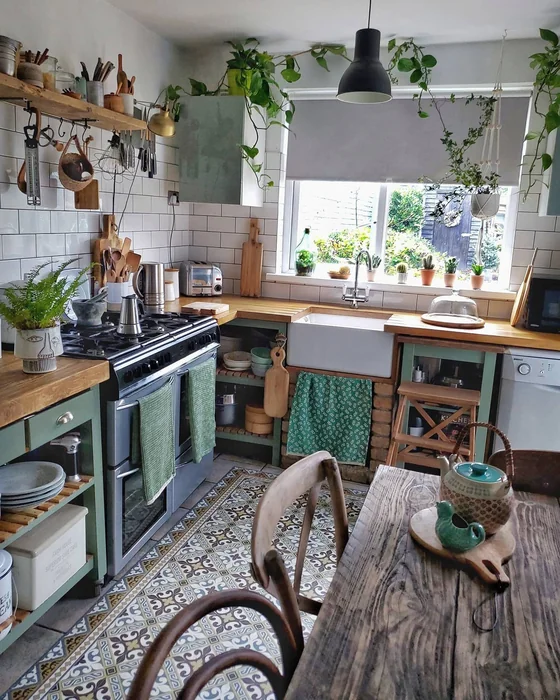 Boho Green Cottage Kitchen Overflowing with Plants