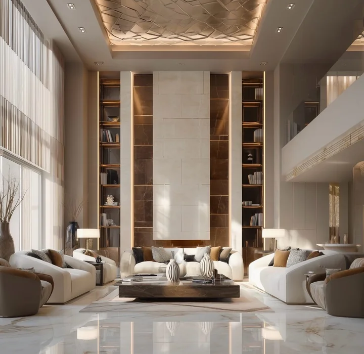 Large Wall Decor for High Ceiling Living Room with Flanking Bookshelves