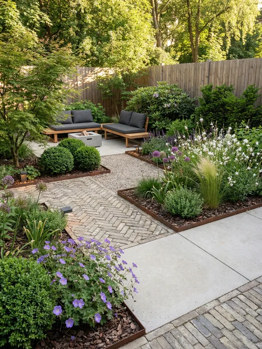 Modern Garden with Herringbone Brick Path and Fire Pit