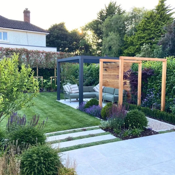 Contemporary Garden with Dual Pergola and Lavender Borders
