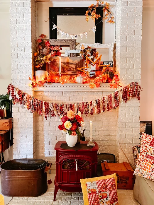 DIY Fall Mantle Decor with Rag Garland & Leaf Fairy Lights
