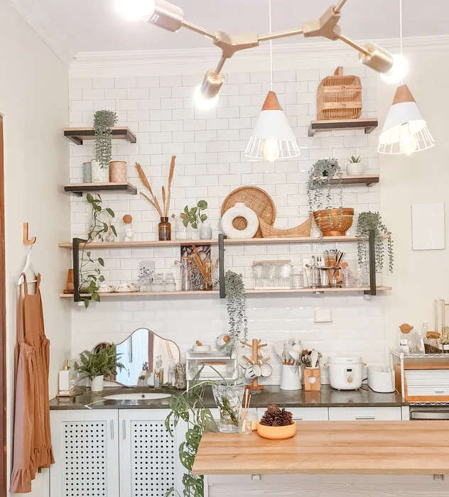 Boho Kitchen Wall with Floating Shelves and Rattan Decor