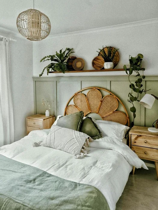 Boho Bedroom with Rattan Flower Headboard