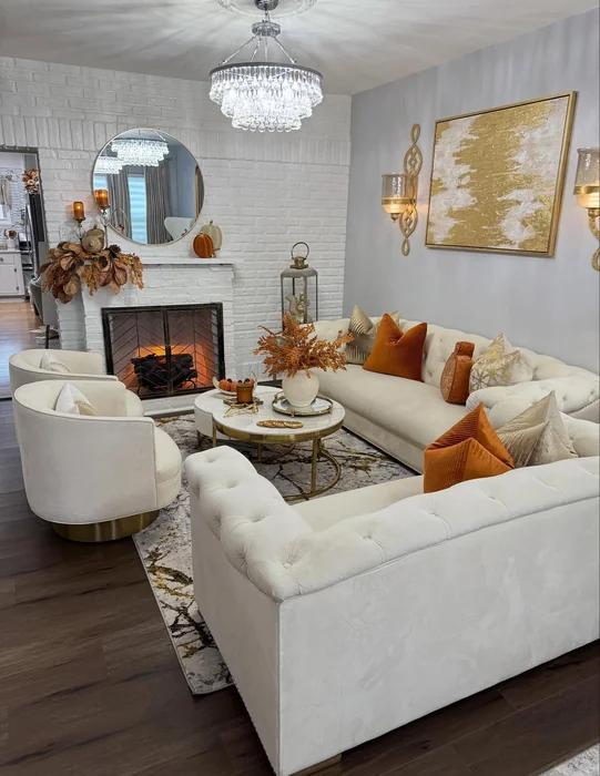 Elegant Fall Living Room with Crystal Chandelier & Fireplace
