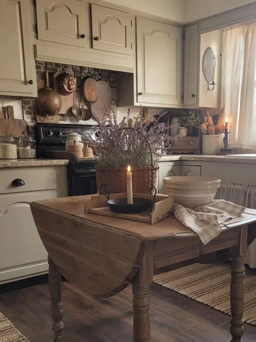 Rustic Drop-Leaf Kitchen Table with Lavender & Tray Decor