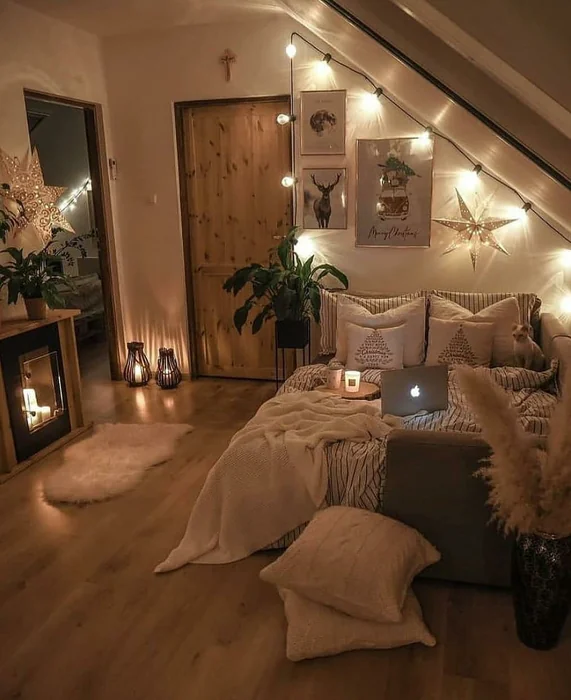 Cozy Attic Bedroom with Fairy Lights and String Lights