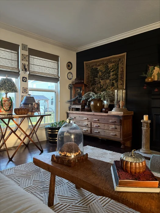 Moody Vintage Fall Living Room with Dark Accent Wall & Metallic Pumpkins