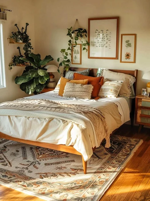 Earthy Boho Bedroom with Mid-Century Bed