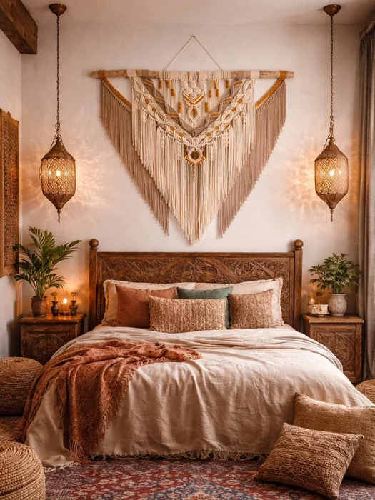Boho Bedroom with Macramé Wall Hanging