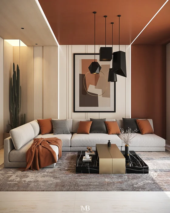 Small Modern Living Room with Terracotta Accent Wall