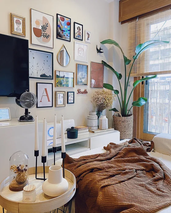 Bedroom Corner Gallery Wall with Plants & TV Unit