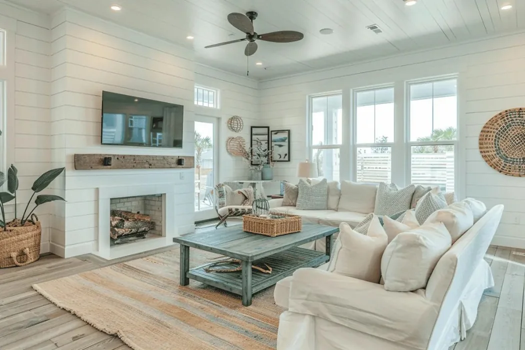 Small Coastal Farmhouse Living Room with Shiplap Walls