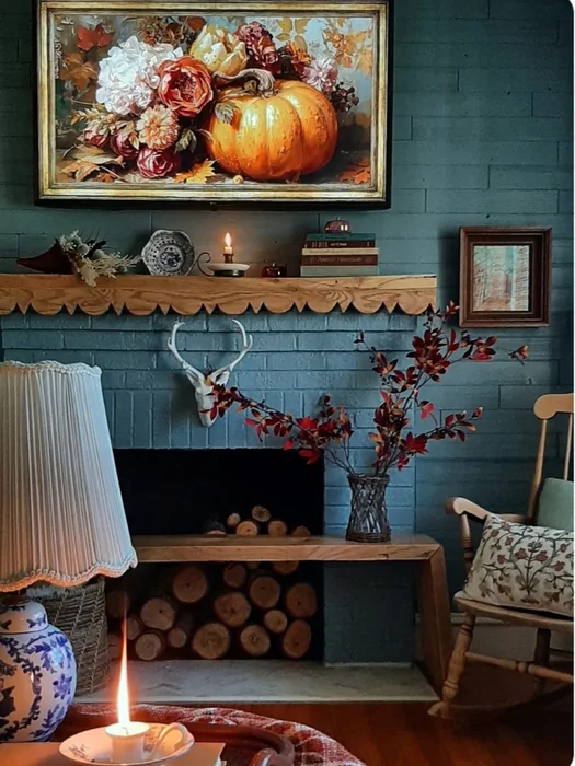 Moody Teal Fireplace with Frame TV Fall Art & Antler Decor