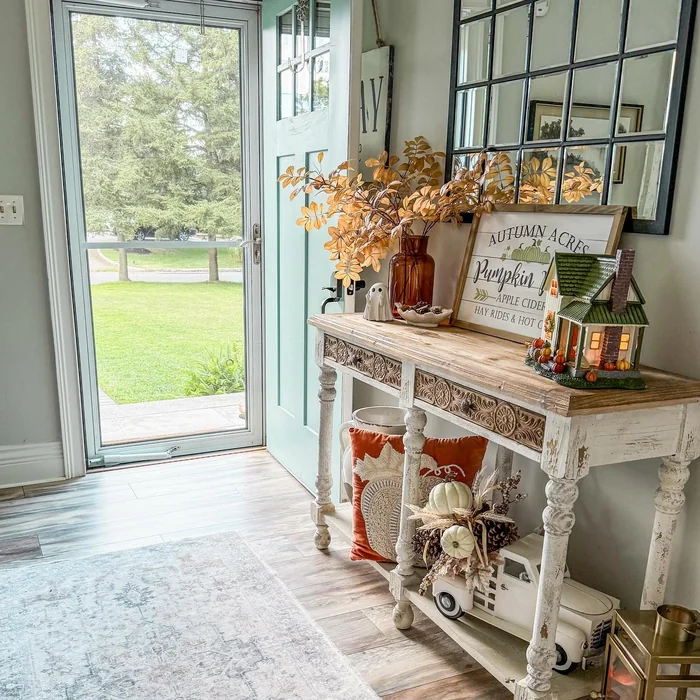 Farmhouse Fall Entryway with Autumn Acres Sign & Pumpkin Village