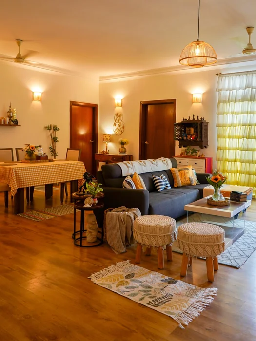 Small Indian Apartment Living Room with Mandir & Warm Lighting