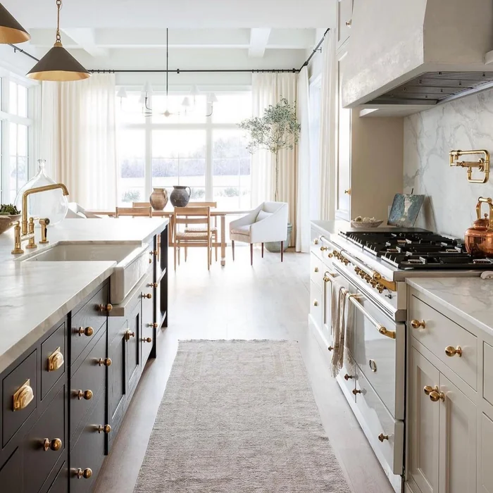 Luxury Galley Kitchen with Brass Hardware and Marble