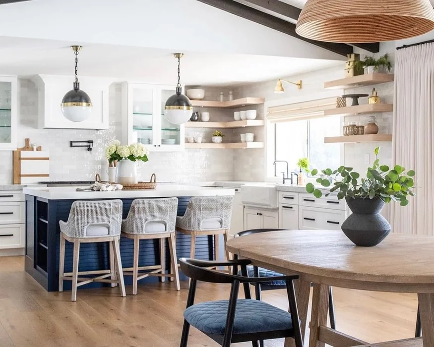 Blue Kitchen Island with Coastal Farmhouse Shelving