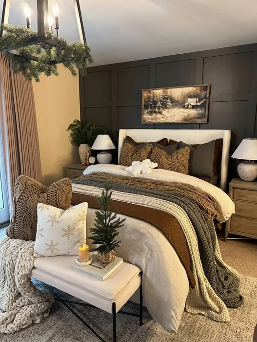 Christmas Farmhouse Bedroom with Knit Throws