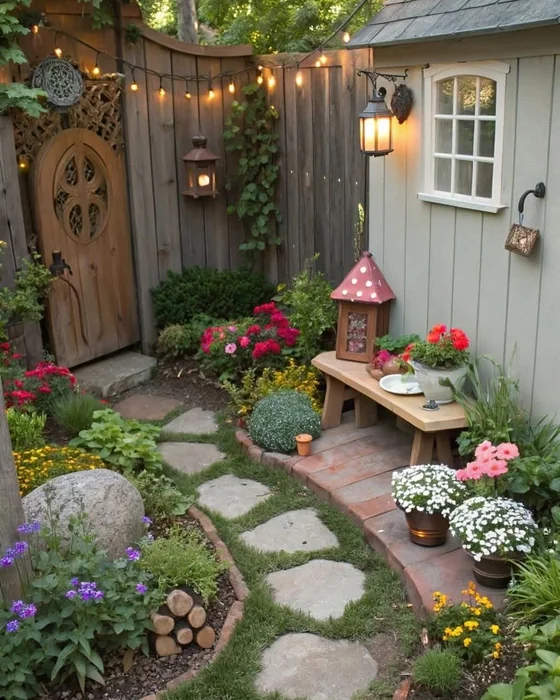 Whimsical Cottage Garden Corner with Fairy Door