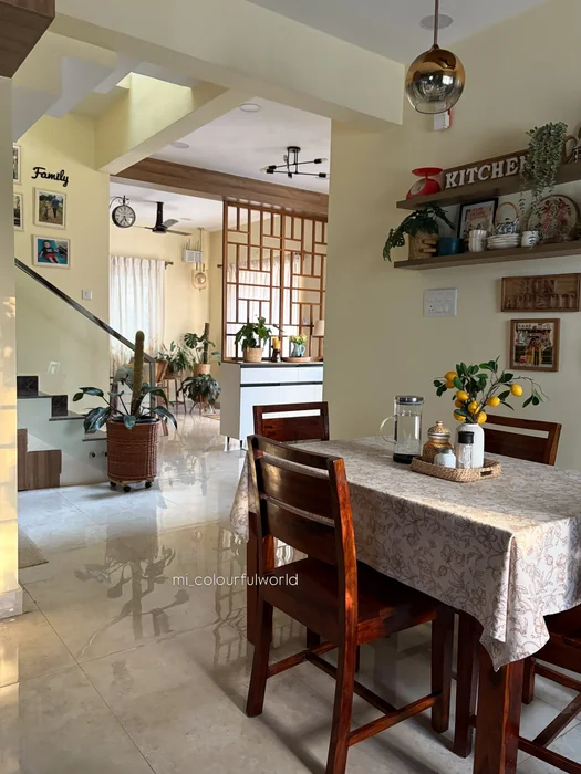 Indian Home Kitchen Dining Table with Lemon Vase & Floral Cloth