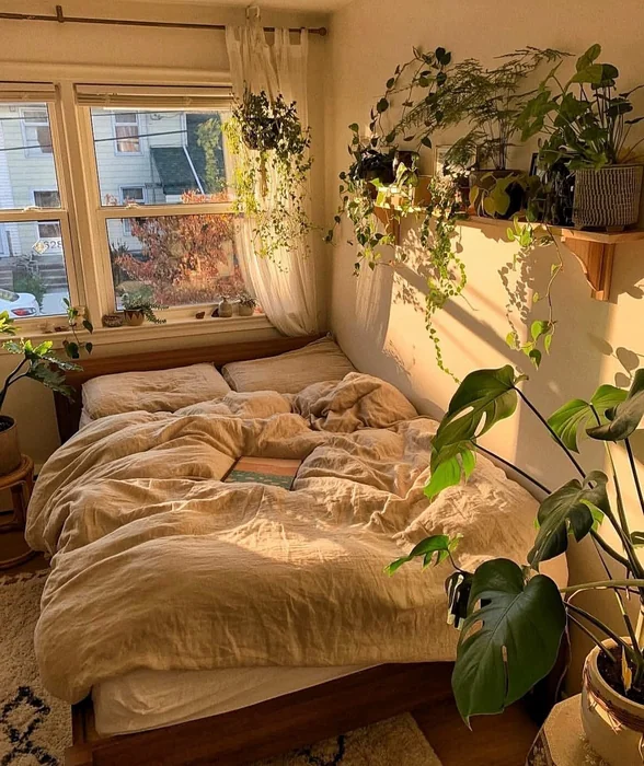 Golden Hour Bedroom Surrounded by Plants