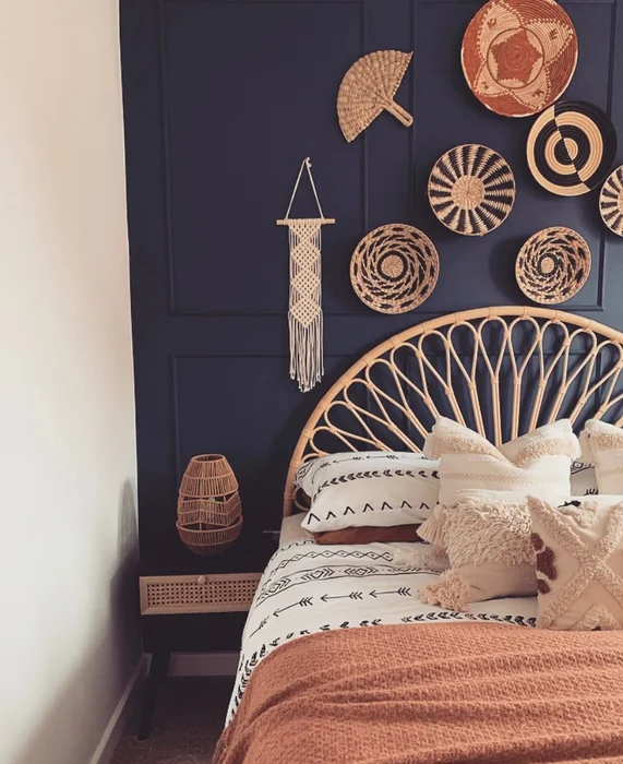 Boho Woven Basket Gallery Wall Above Bed