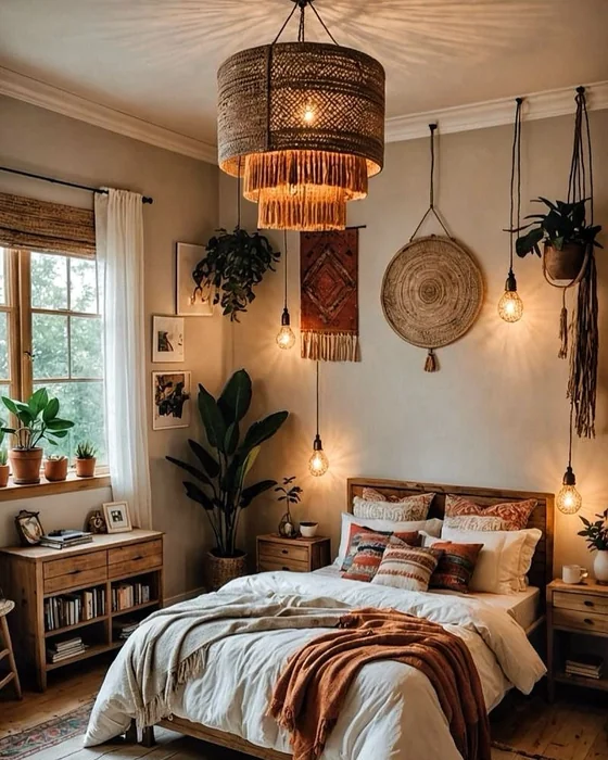 Eclectic Boho Bedroom with Pendant Lights