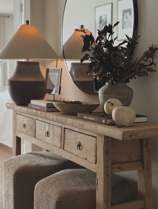 Rustic Fall Console Table with Dark Branches & Stone Vase