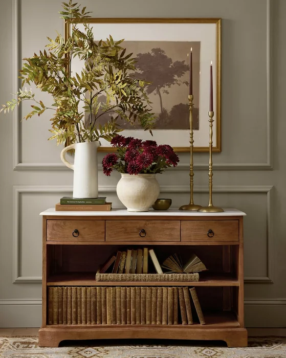 Elegant Fall Console with Burgundy Dahlias & Gold Candlesticks