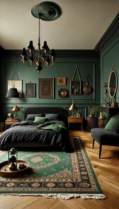 Dark Green Moody Bedroom with Gold Accents