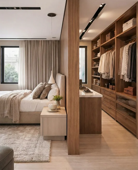 Luxury Neutral Bedroom with Open Walk-In Wardrobe