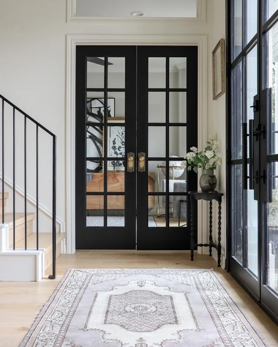 Modern Foyer with Black Double French Doors and Vintage Rug