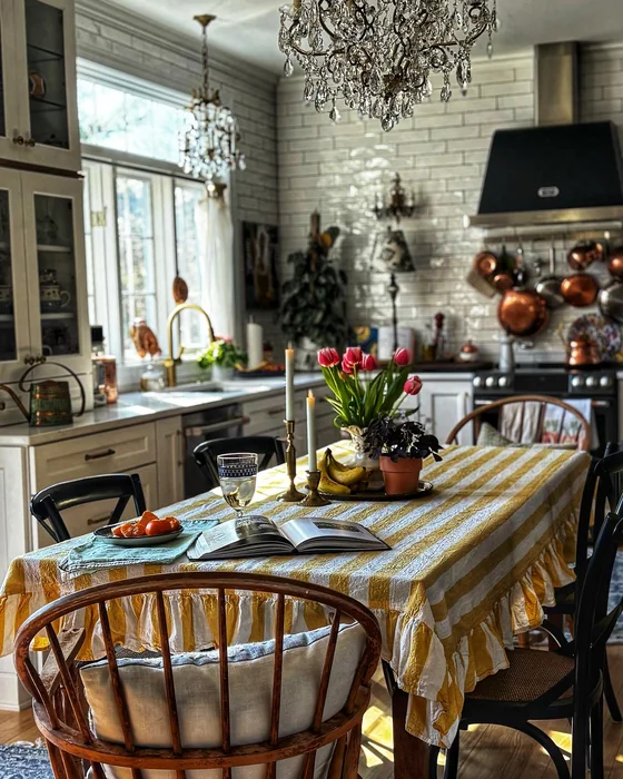 Eclectic Vintage Spring Kitchen Table with Tulips & Striped Cloth