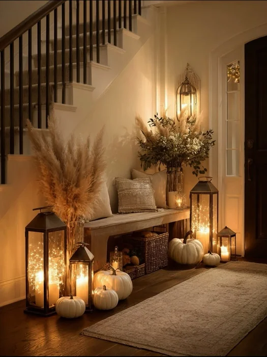 Glowing Fall Entryway with White Pumpkins & Fairy Lights