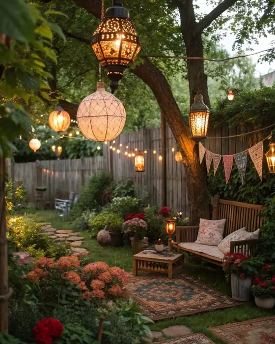 Bohemian Garden with Hanging Lanterns and Rugs