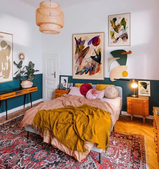 Dopamine Bedroom with Teal Half-Wall and Abstract Art
