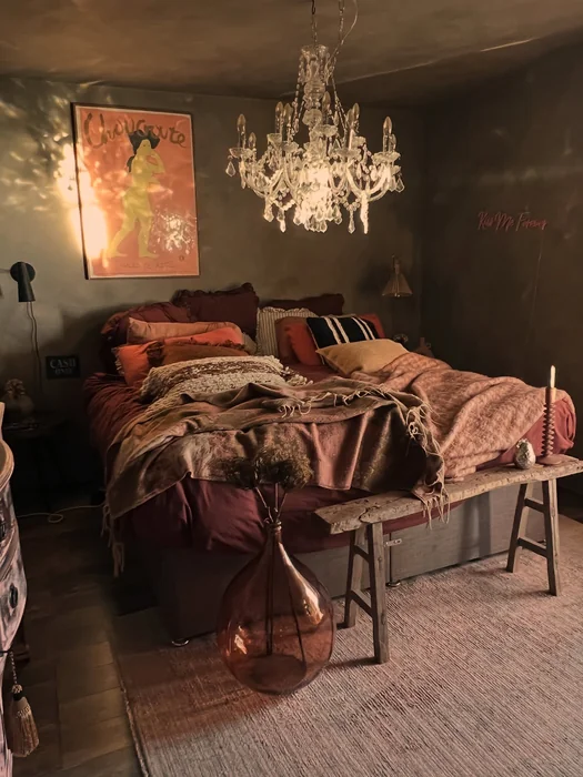 Romantic Moody Bedroom with Crystal Chandelier