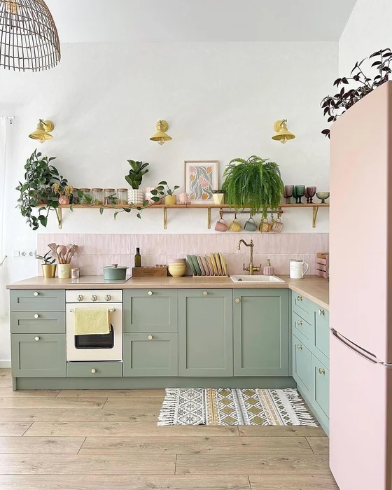 Dopamine Decor Kitchen with Pink Fridge and Green Cabinets