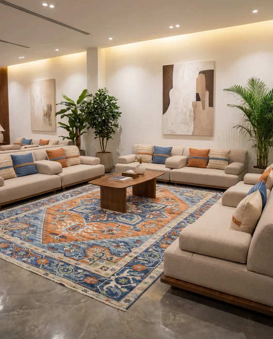 Modern Living Room with Large Abstract Wall Art and Framed Prints
