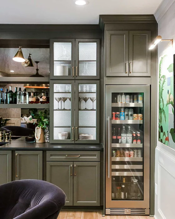 Dark Green Moody Bar Cabinet with Glass Fronts